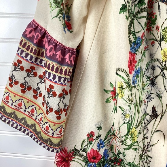 Umgee Border Bell Sleeve Dress -Natural Size Small Off Shoulder Shift Mini Dress - Picture 5 of 11